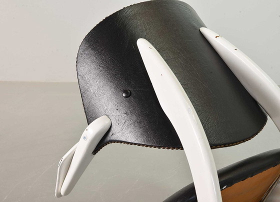 Image 1 of Louis van Teeffelen Dutch Design Pelican Arm Chair for Webe in Solid White Painted Teakwood and Black Leatherette. 