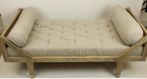 Banquette lit d’appoint style campagne chic lin écru beige capitonnée et bois