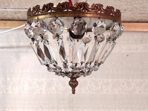 Lampada da soffitto in ottone con pendenti in vetro - metà del XX secolo