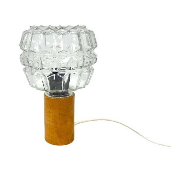 Image 1 of AKA Leuchten – vintage pressed glass and wood bedside lamp, Germany, 1970s.