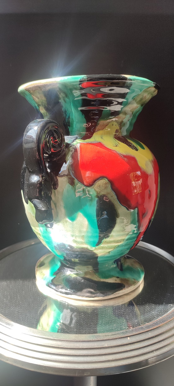 Image 1 of Keramikvase im Art-Deco-Stil mit geflammten Glasuren