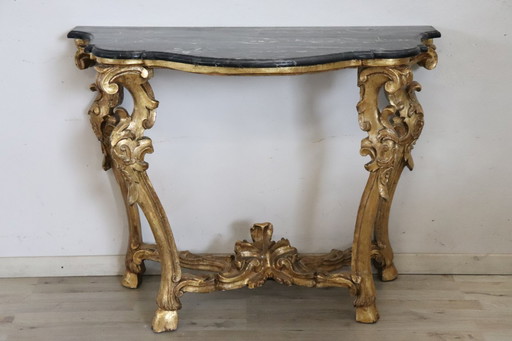 Table console ancienne en bois doré avec plateau en marbre, Italie, 18e siècle