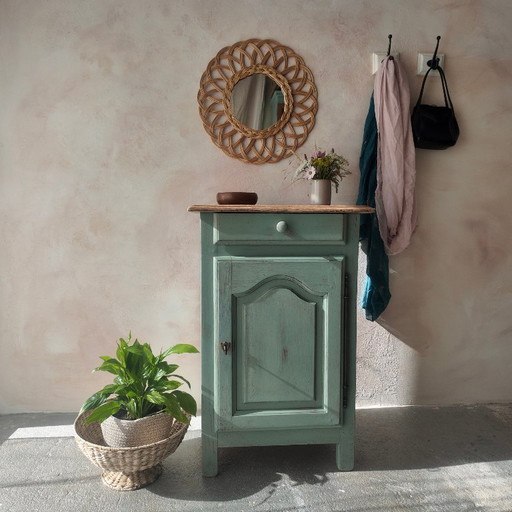 Antique jam cupboard with a sage green patina and solid wood finish