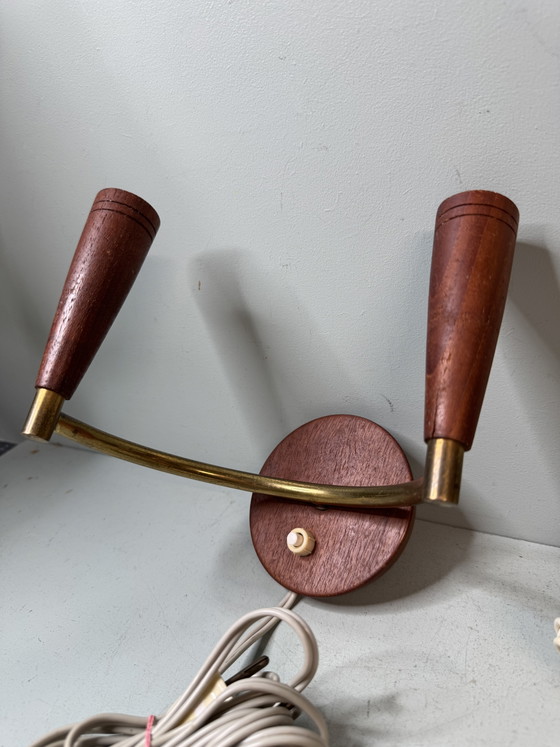 Set of 3 Vintage Mid Century Danish Design Wooden Wall lights – Brass (photo 7 of 11)
