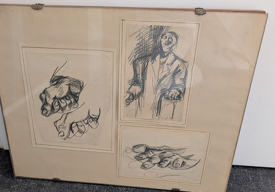 Image 1 of Unieke set Pierre van Soest - Groot schilderij (88x114 cm) + 3 originele voorstudies