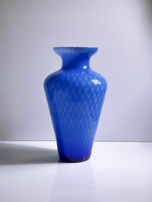 Vintage Murano vase, 1960s, cobalt blue, waffle technique, mid-century, milk glass, Opalina, Italy