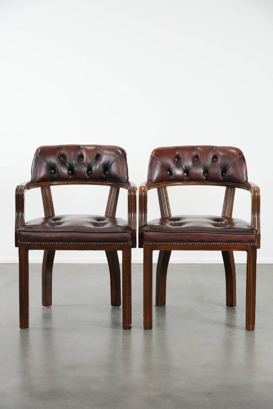 Image 1 of 4 sillas de comedor Chesterfield de piel de vaca marrón oscuro de estilo inglés