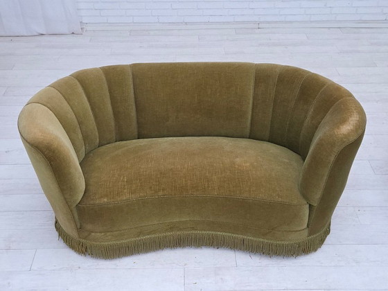 Image 1 of 1960s, Danish 2-seater "Banana" sofa, original green furniture velour.