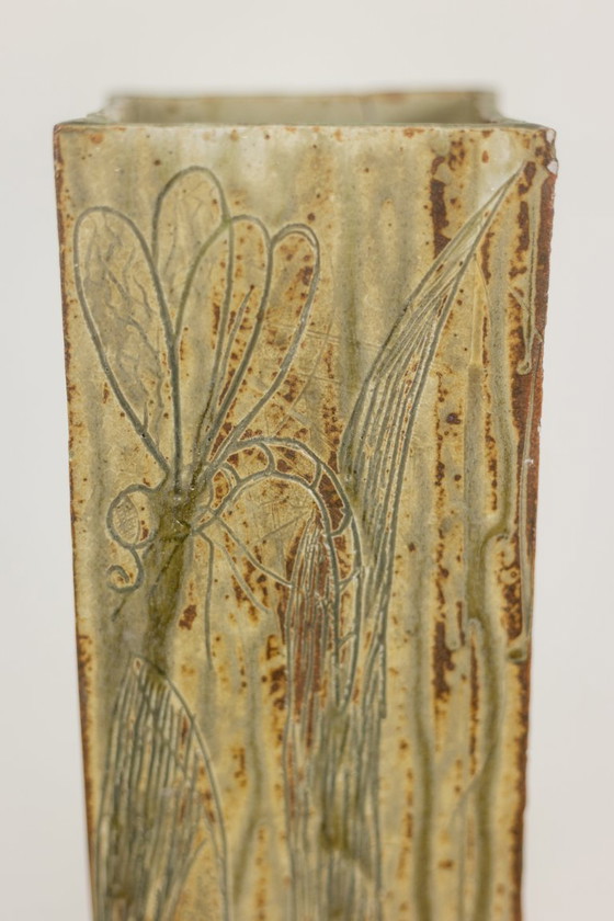 Image 1 of Brutalist style stoneware vase with vegetal decoration. 1970s.