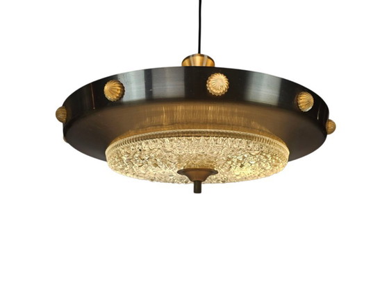 Image 1 of Lampada a sospensione UFO in stile Lakro - Vintage - 'Champagne gold' - vetro - anni '70