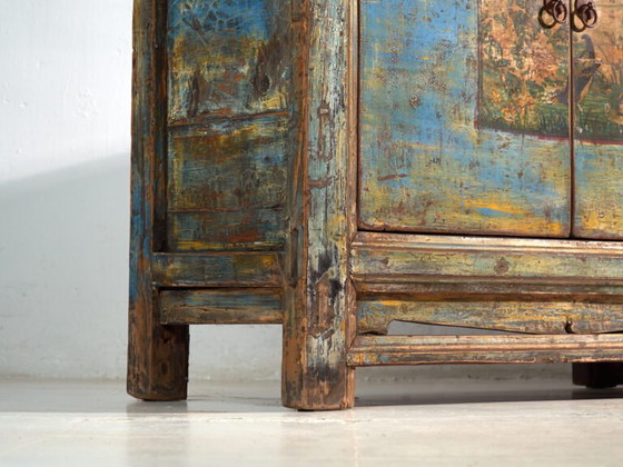 Antique entrance sideboard in blue and yellow (c.1920) (photo 12 of 40)
