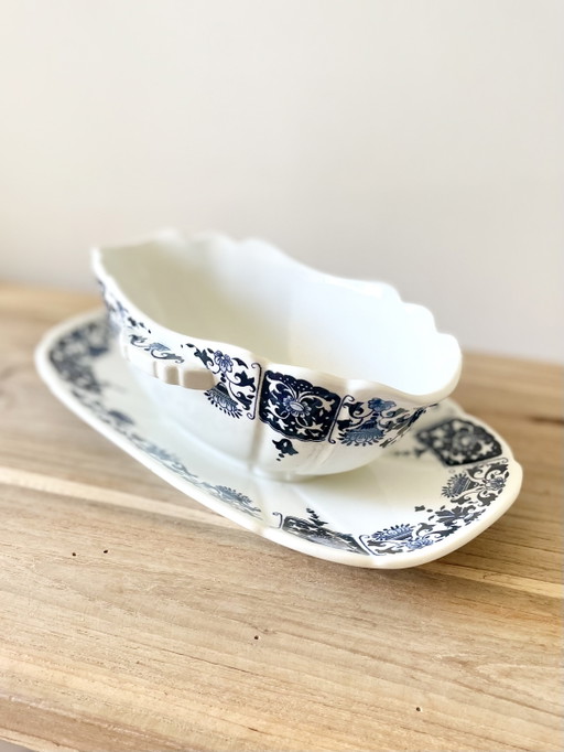 Vintage Gien France Gravy Boat with Stand Blue White Faience - French Mid-Century Pottery Collectible Tableware
