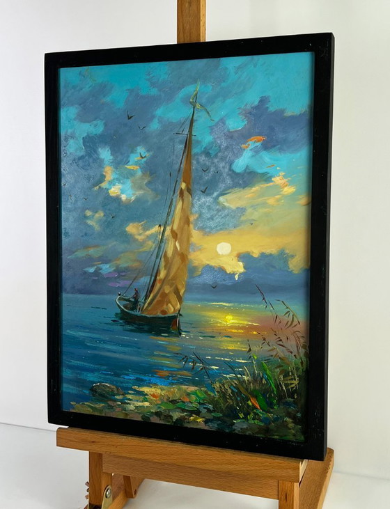 Image 1 of Dipinto ad olio originale: Paesaggio marino, cielo e barca a vela al tramonto