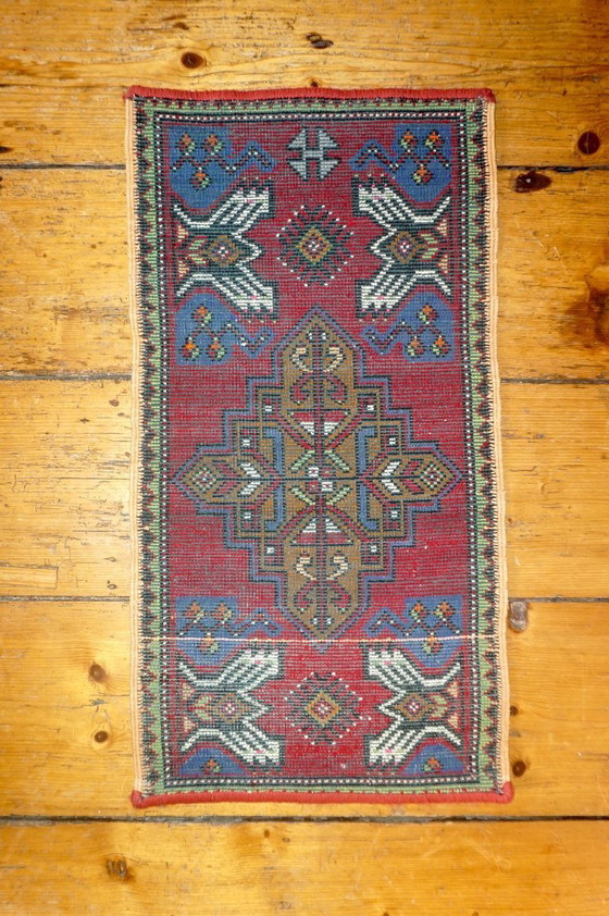 Image 1 of vintage turkish anatolian rug * tribal geometric wool rug * red small runner * village carpet * folk art textile
