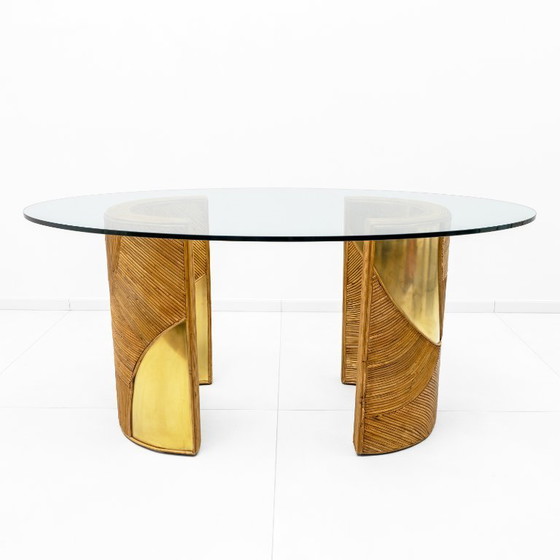Image 1 of Mid-Century Modern Italian Rattan and Brass Dining Table by Vivai del Sud, 70s