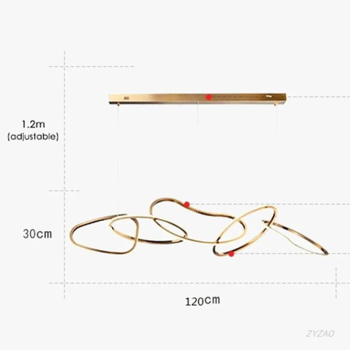 Cartier-Kronleuchter mit langem, schlankem Design und fünf goldenen Kreisen