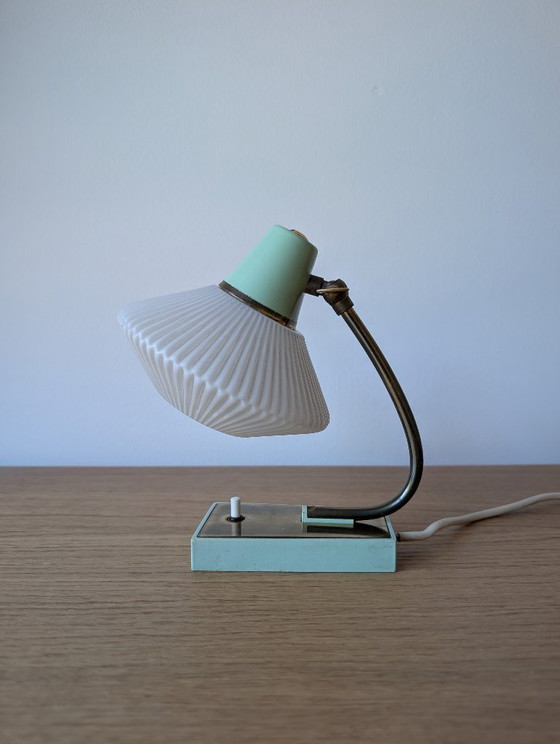 Image 1 of Rare German Mid-Century Table Lamp | Mint Green and Brass | Original Ribbed Glass Shade | 1950s–1960s