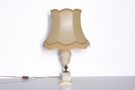 Image 1 of Lampe de table en pierre naturelle, laiton, simili cuir, franges, 67 cm, années 1970, J Vintage
