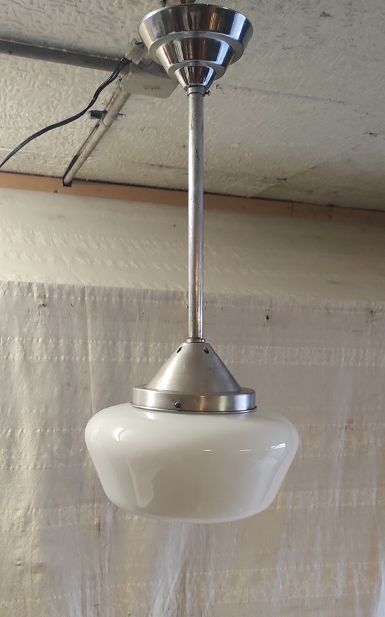 Image 1 of Bauhaus pendant light in metal and opaline glass globe - mid-20th century