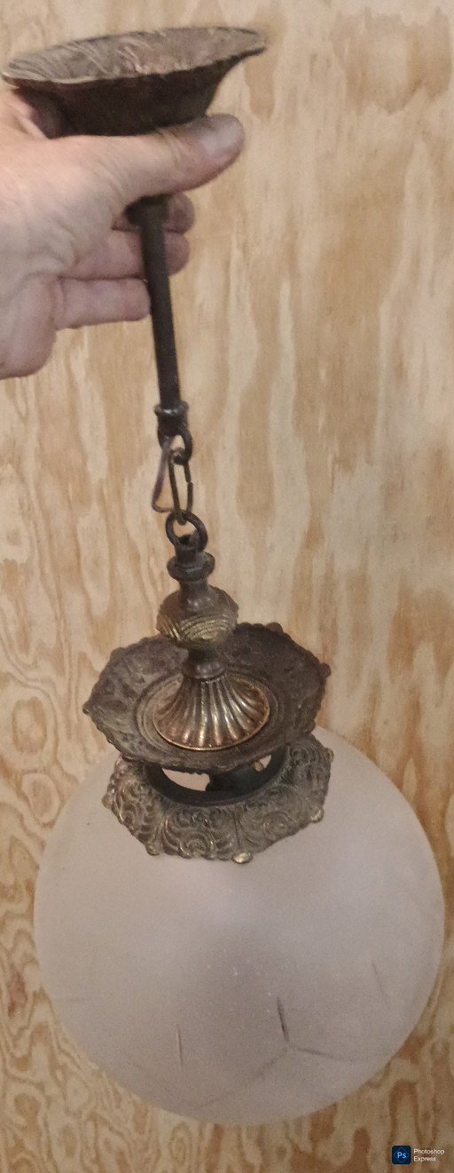 2 antique bronze-style frosted glass and metal chandeliers
