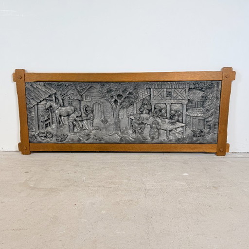 Zinn-Wandpaneel mit Gasthausszene – wanddecoratie, Wood, Iron, Vintage