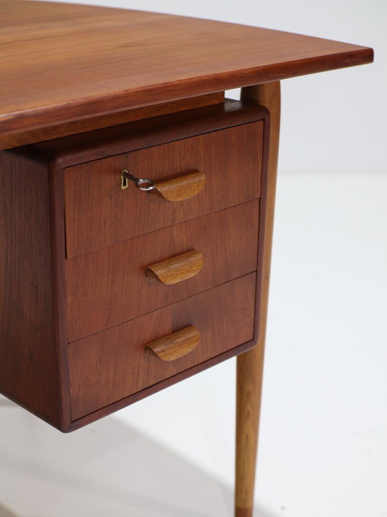 Freestanding teak double-sided Danish 1960s vintage Desk, Wood, Brown, Mid Century Modern (photo 10 of 15)