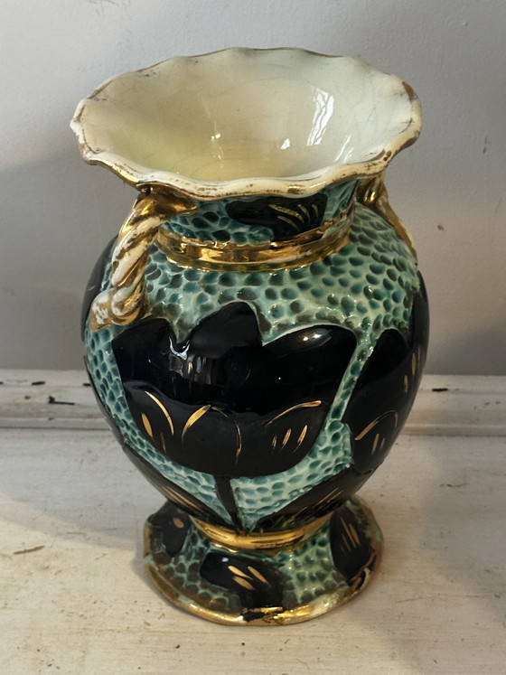 Pair of vintage Vallauris vases in turquoise ceramic, black flowers and gold trim (photo 4 of 9)