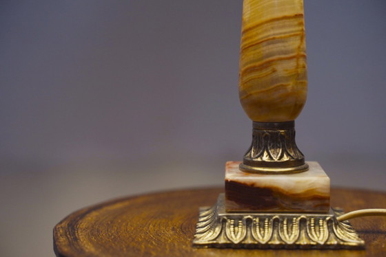 Image 1 of Vintage Pink Onyx Marble Table Lamp with Sage Green Pleated Shade, Italian Brass Bedside Lamp, Art Deco Hollywood Regency Accent