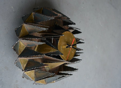 Brutalist Metal Wall Clock. Signed A.Becht. 1980s
