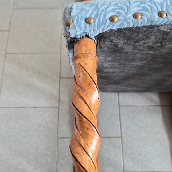 Image 1 of Handcrafted vintage chair from the 1950s in carved wood and velvet, 1950s folk art