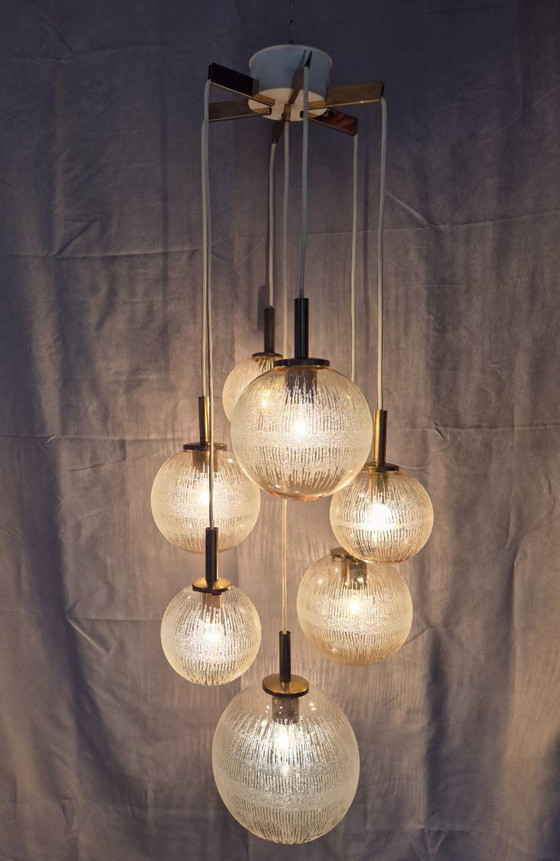 Image 1 of Vintage 1970s French Cascade Chandelier by Parscot – 7 Glass Globes, Brass & Textured Glass, Mid-Century Pendant Light
