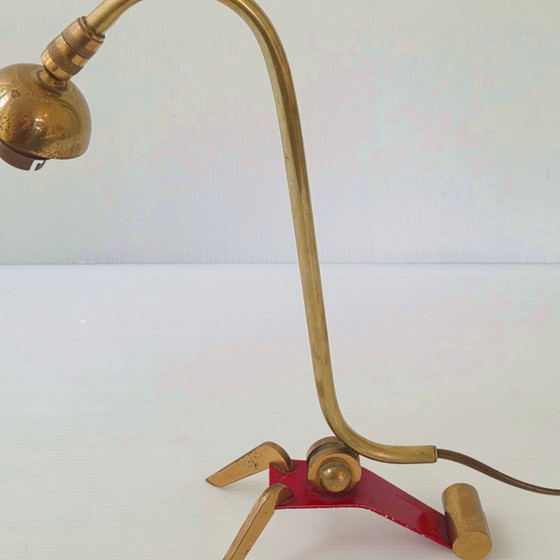 Image 1 of Vintage 1950s Adjustable Table Lamp, Brass and Steel, Red Lacquered, 1950s