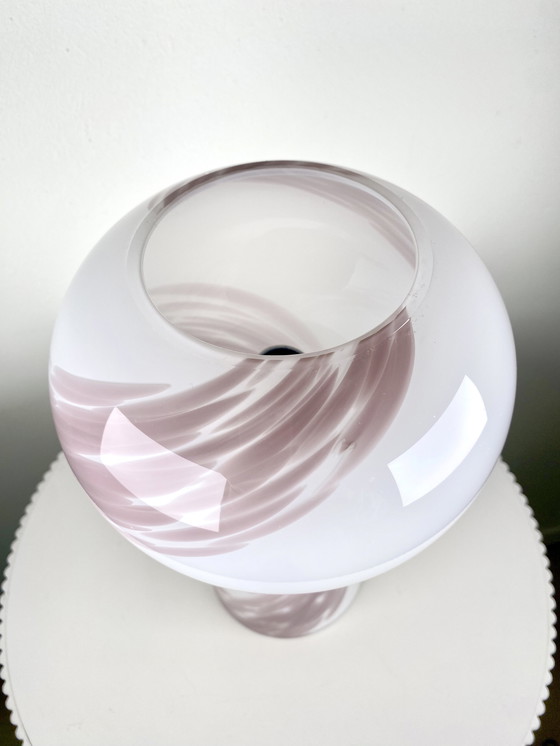 Image 1 of Vintage Murano Glass Mushroom Globe Medium-Size Table Lamp in White Opaline with Light Rose Pink Swirl