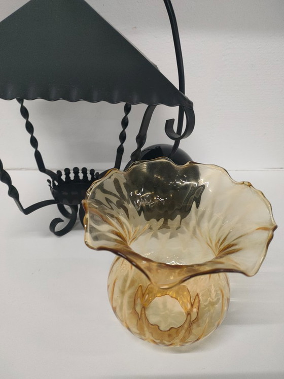 Image 1 of Massive lantern pendant lamp with amber ribbed glass