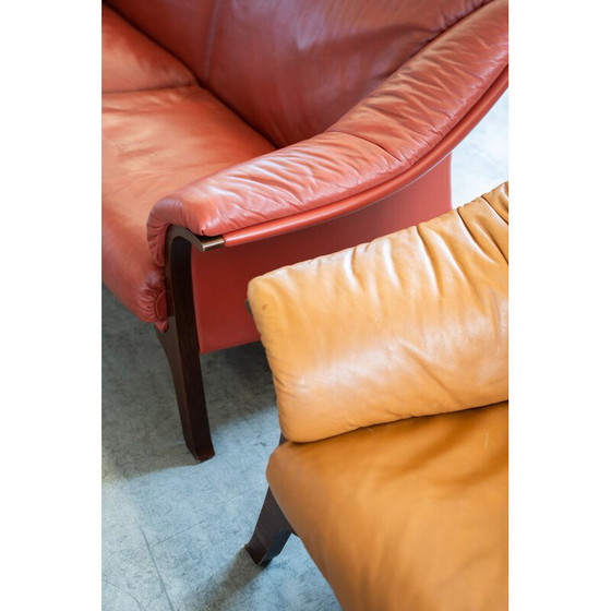 Image 1 of Pair of vintage Frau cognac and burgundy leather sofas, 1980s-1990s