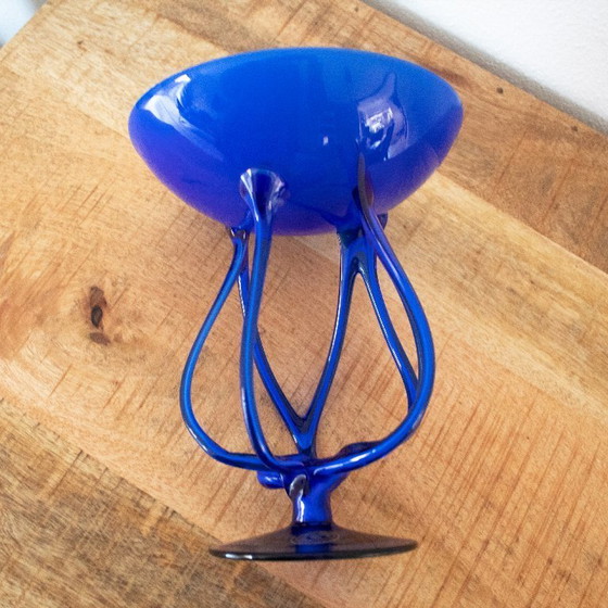 Image 1 of Cobalt blue glass vase in the shape of a jellyfish: hand-blown Polish glass, Josefina Krosno style