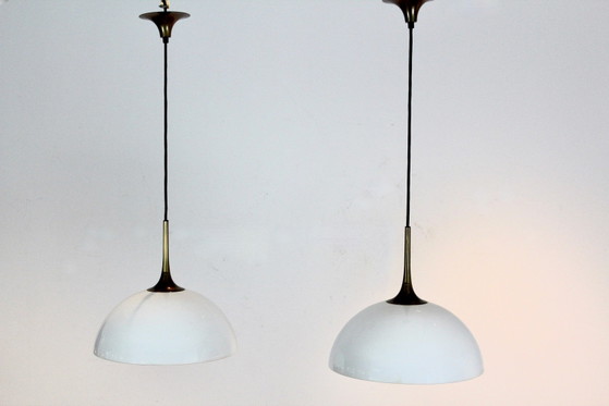 Pair of Brass and White-Opal Glass Pendant Lights by Florian Schulz, Pendant lamps (photo 3 of 11)