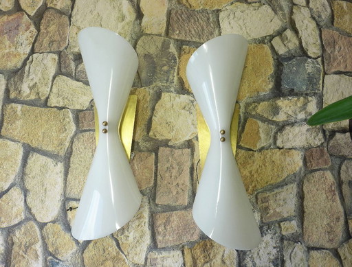 2x Vintage Wandlampe 50er 60er Lampe France Diabolo Stilnovo Retro Wandleuchte – wandlampen, Plastic, Brass