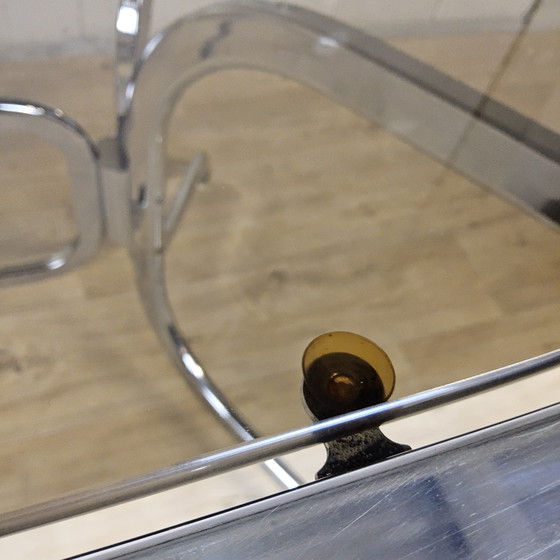 Image 1 of Vintage Gastone Rinaldi voor Rima chroom & rookglas eettafel + stoelen met kleurrijke bekleding (Itiliaans design)