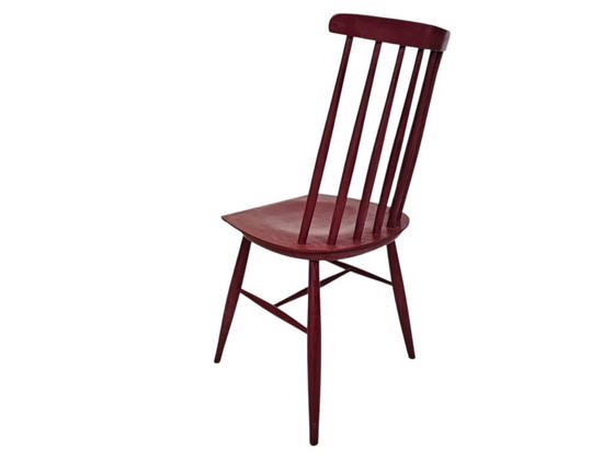 Image 1 of Vintage - Ilmari Tapiovaara stijl - bordaux rood - eetkamerstoel -Finland - 60s