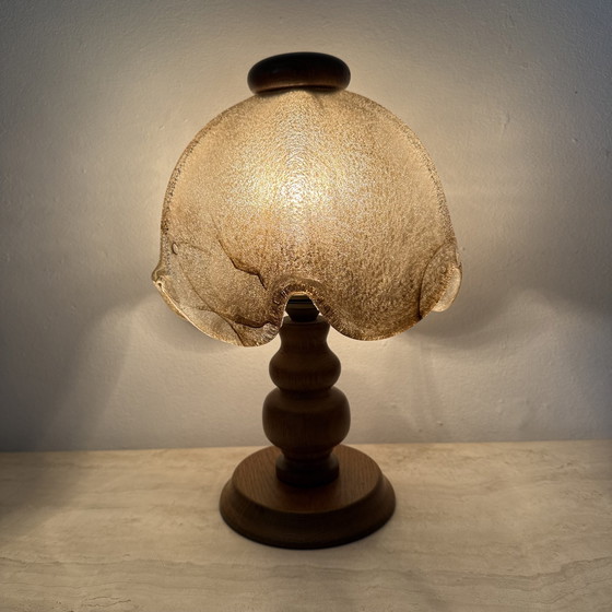 Image 1 of Vintage Brutalist Glass Table Lamp with Solid Oak Wooden Base, 1970s