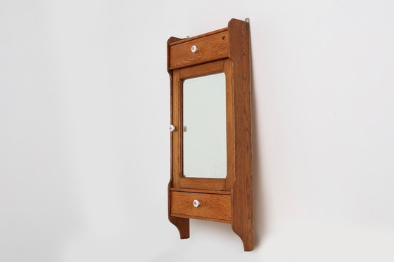 Image 1 of Art Deco houten wandkast met spiegeldeur en 2 laden, Frankrijk ca. 1900