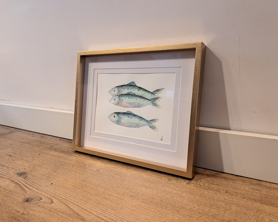 Image 1 of Watercolor painting of sardines | Gold-colored frame