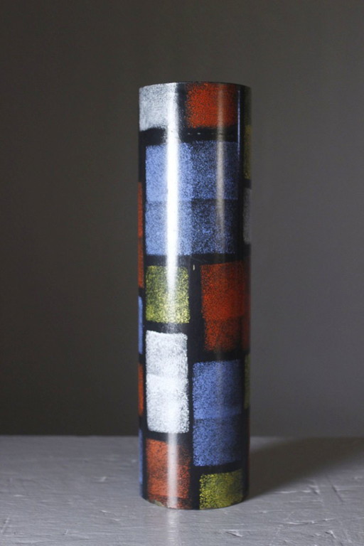Vintage modernist design brass painted roller vase in the style of Mondrian, Italy, 1950s