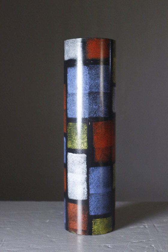 Image 1 of Vintage modernist design brass painted roller vase in the style of Mondrian, Italy, 1950s