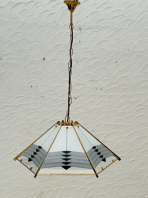 Grande lampada a sospensione vintage in ottone e vetro opalino – Massive, kroonluchters, Glass
