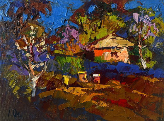 Image 1 of Original Oil Painting Colorful Village Landscape Evening ray over spring fields