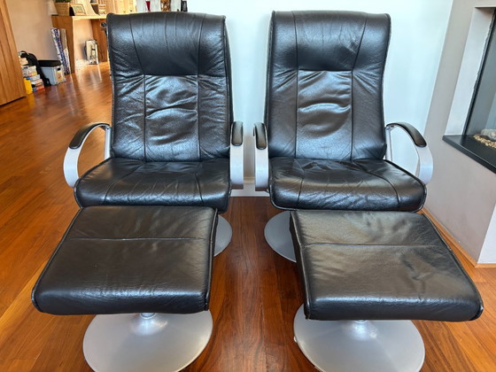 2 Aria Adjustable recliner chairs in black leather plus 2 matching footstools, Metal (photo 2 of 5)