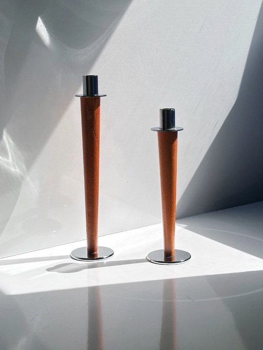 2 Vintage Candlesticks Metal Wood Mid - Century 70s 1970 Skandi Japandi Boho Candlestick Set