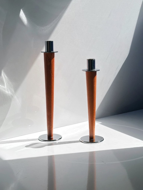 Image 1 of 2 Vintage Candlesticks Metal Wood Mid - Century 70s 1970 Skandi Japandi Boho Candlestick Set